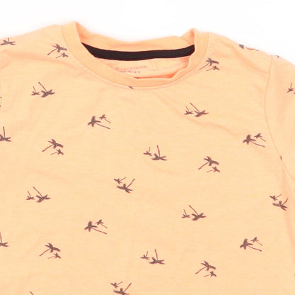 Close-up detail of Primark boys’ orange basic t-shirt, size 3-4, years - palm trees