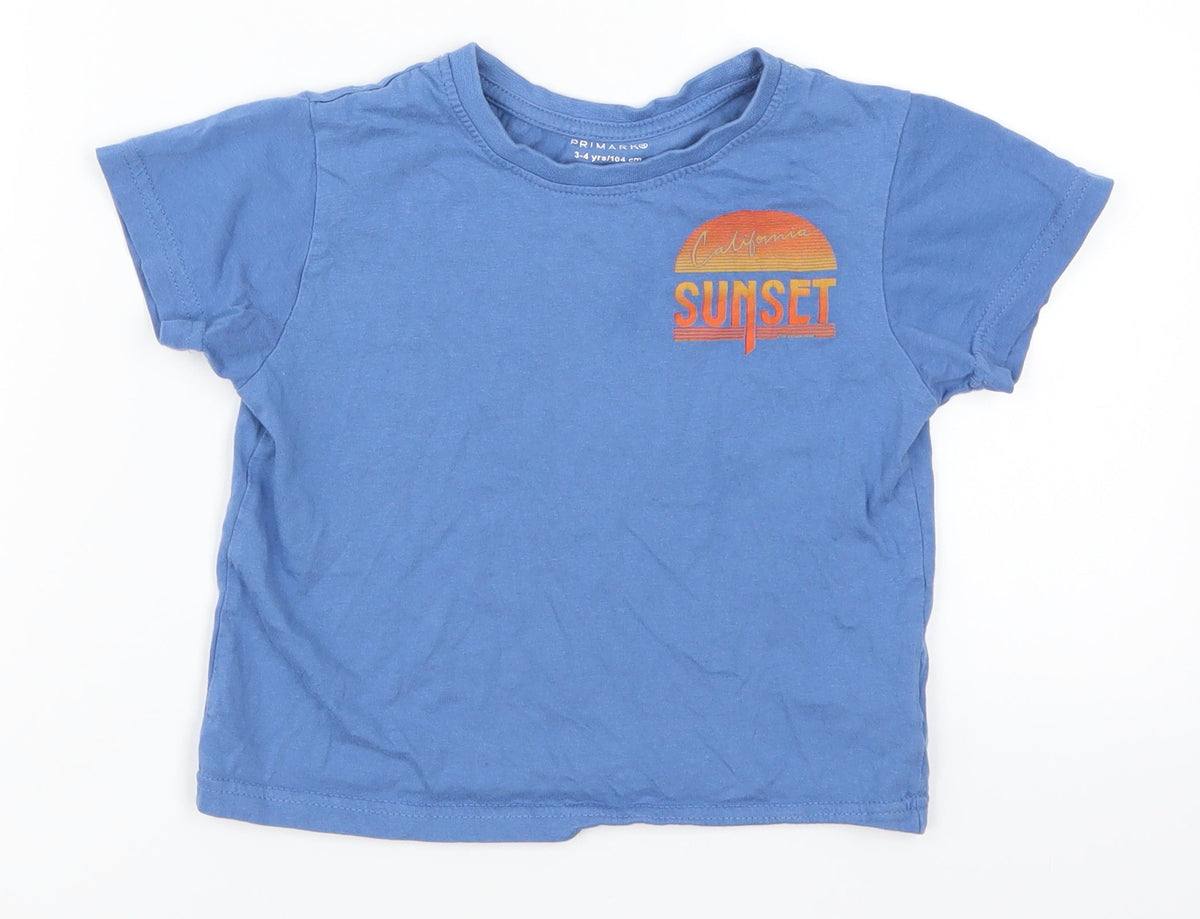 Front view of Primark boys’ blue basic t-shirt, size 3-4, years - california sunset