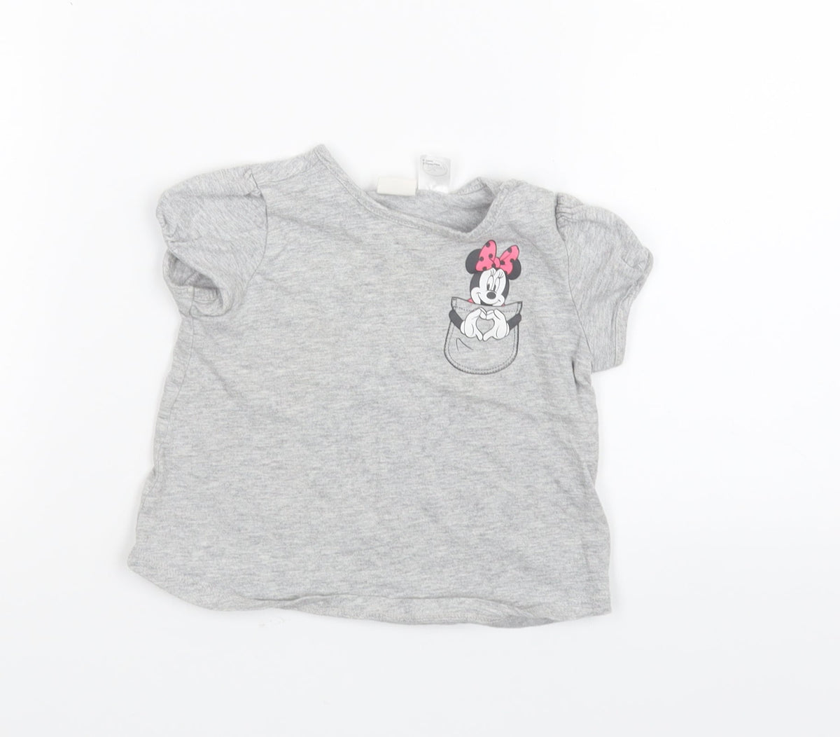 Front view of H&M Grey Basic T-Shirt, size 12, Months - Minnie Mouse