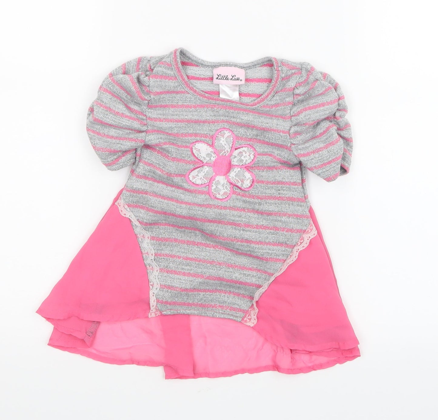Little Lass Girls Grey Striped  Basic T-Shirt Size 2 Years
