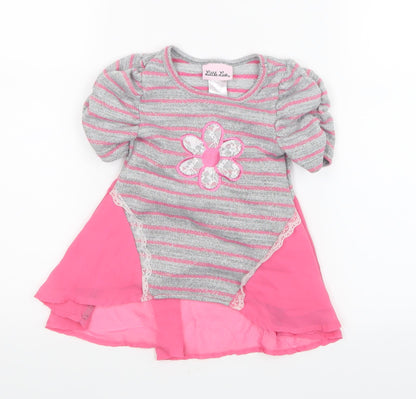 Little Lass Girls Grey Striped  Basic T-Shirt Size 2 Years