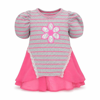 Front view of Little Lass girls’ grey striped basic t-shirt, size 2, years