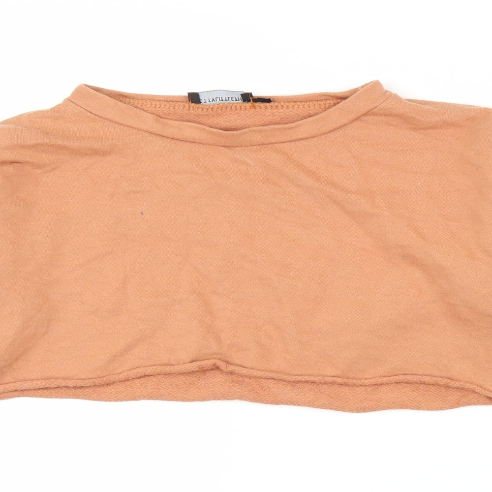 Close-up detail of PRETTYLITTLETHING women’s orange jumper, size UK 8, - cropped