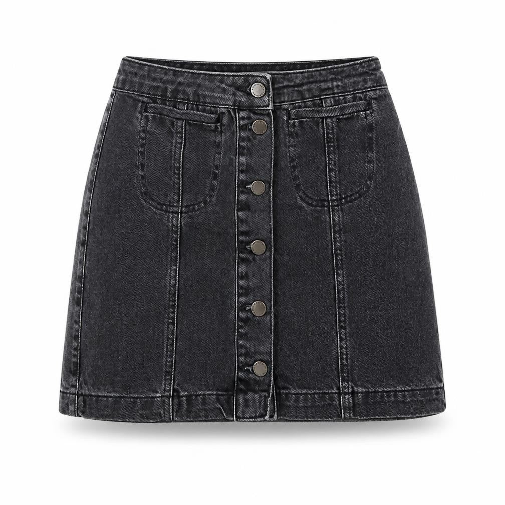Front view of Topshop women’s black denim a-line skirt, size S