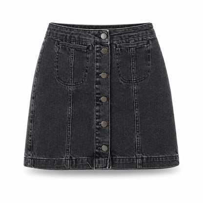Front view of Topshop women’s black denim a-line skirt, size S