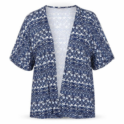 Front view of Next women’s blue geometric cardigan jumper, size UK 10