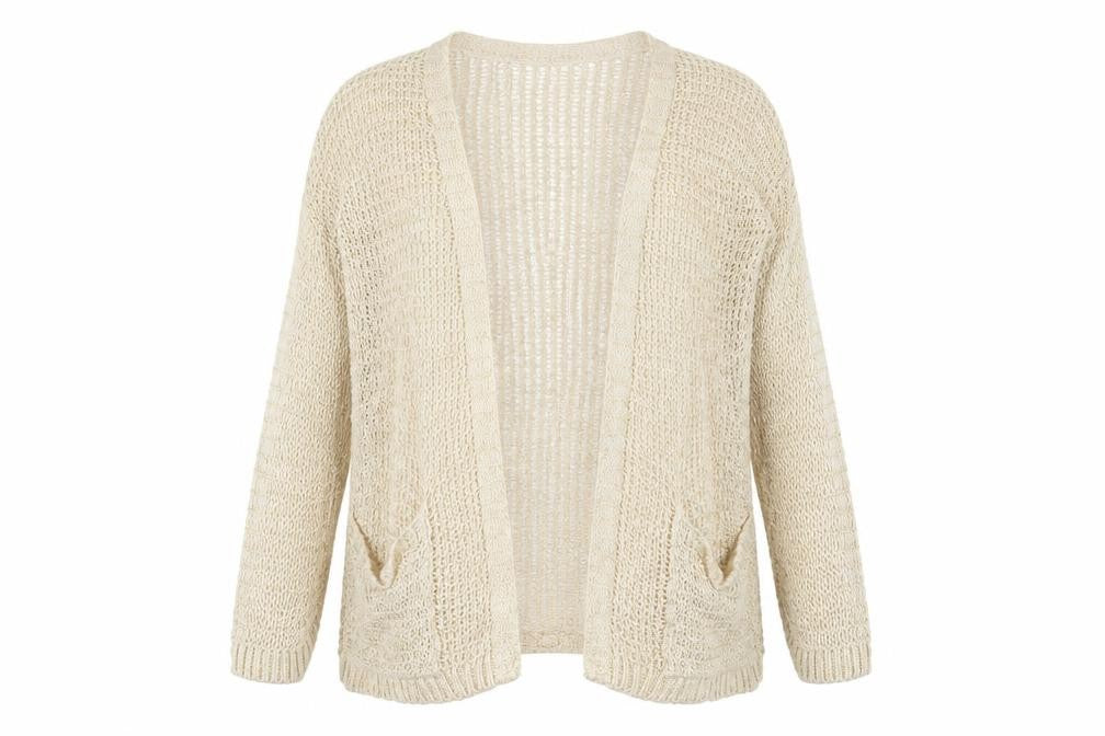 Front view of River Isand women’s beige cardigan jumper, size UK 10