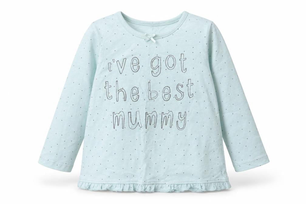 Front view of George girls’ blue polka dot basic t-shirt, size 9-12, months