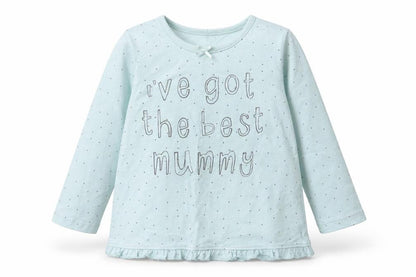 Front view of George girls’ blue polka dot basic t-shirt, size 9-12, months