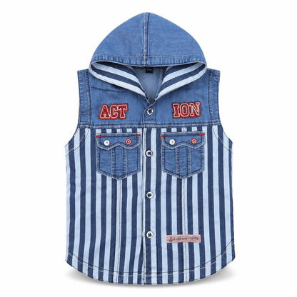 Front view of Preworn boys’ black striped basic button-up, size L, - action