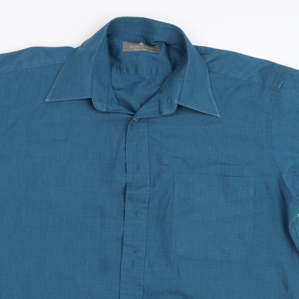 Mens UK Size 15.5 Essentials Blue  Button-Up Short Sleeve Casual Shirt