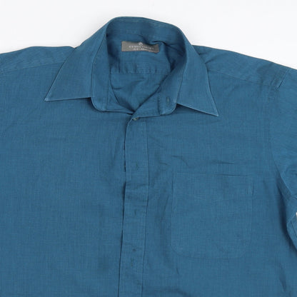 Mens UK Size 15.5 Essentials Blue  Button-Up Short Sleeve Casual Shirt