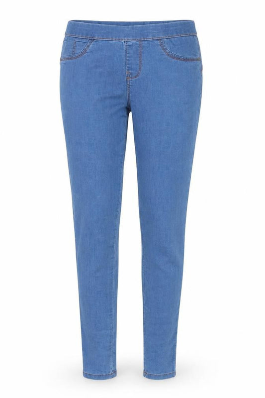 Front view of Denim & Co. women’s blue denim jegging jeans, size UK 10, 27-inch leg