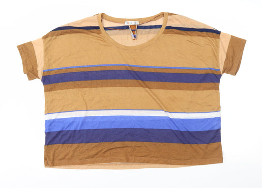 Denim & Co. Womens Brown Striped  Basic T-Shirt Size 14