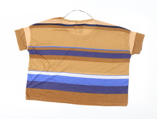 Denim & Co. Womens Brown Striped  Basic T-Shirt Size 14