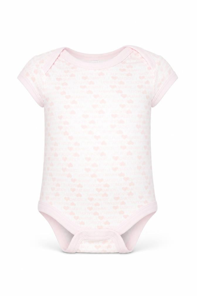 Front view of Tu girls’ pink geometric romper one-piece, size 3-6, months