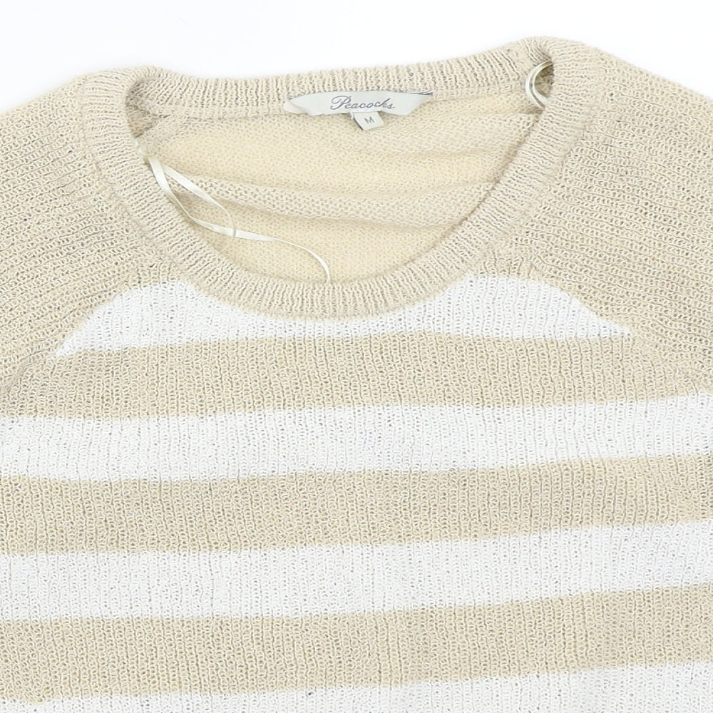 Close-up detail of Peacocks women’s beige striped jumper, size M