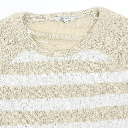 Close-up detail of Peacocks women’s beige striped jumper, size M