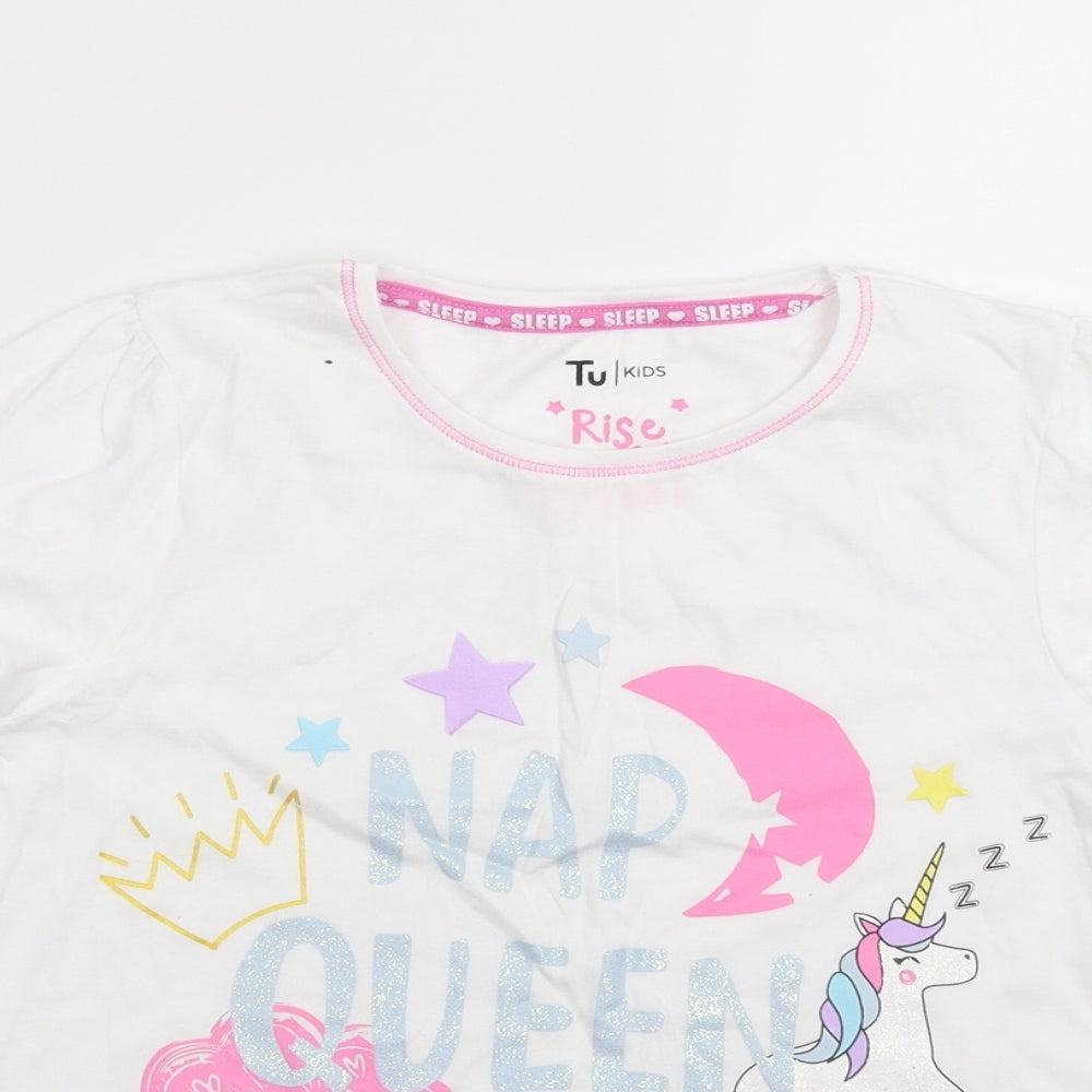 Close-up detail of Tu girls’ white solid top pyjama top, size 10-11, years