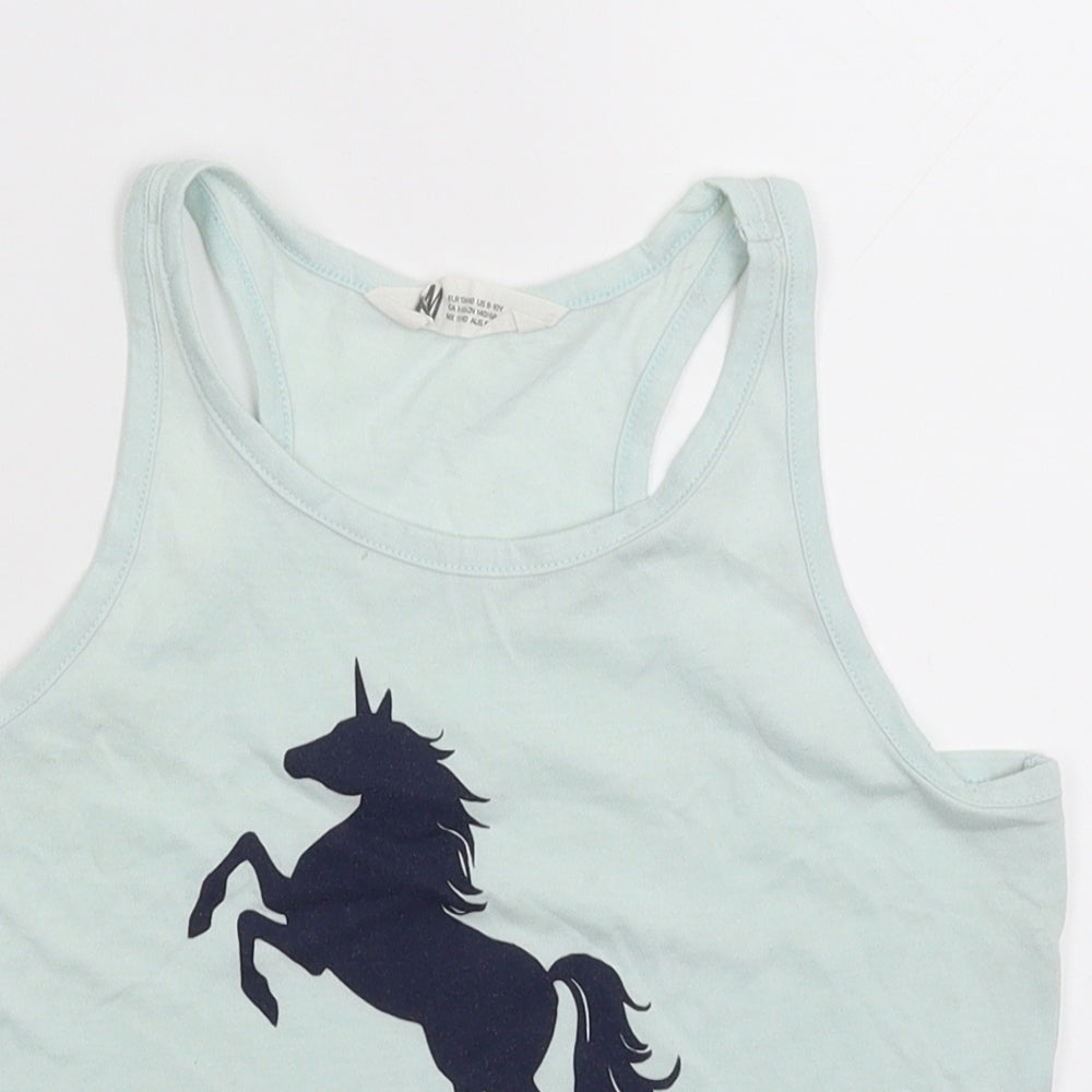 Close-up detail of H&M girls’ green basic tank, size 9-10, years