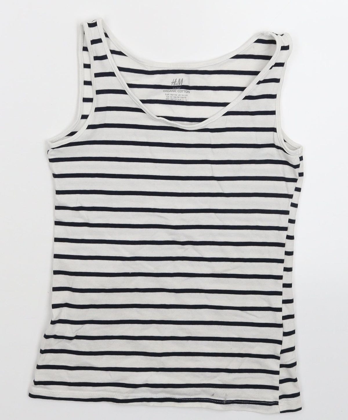 Front view of H&M girls’ white striped basic tank, size 11-12, years