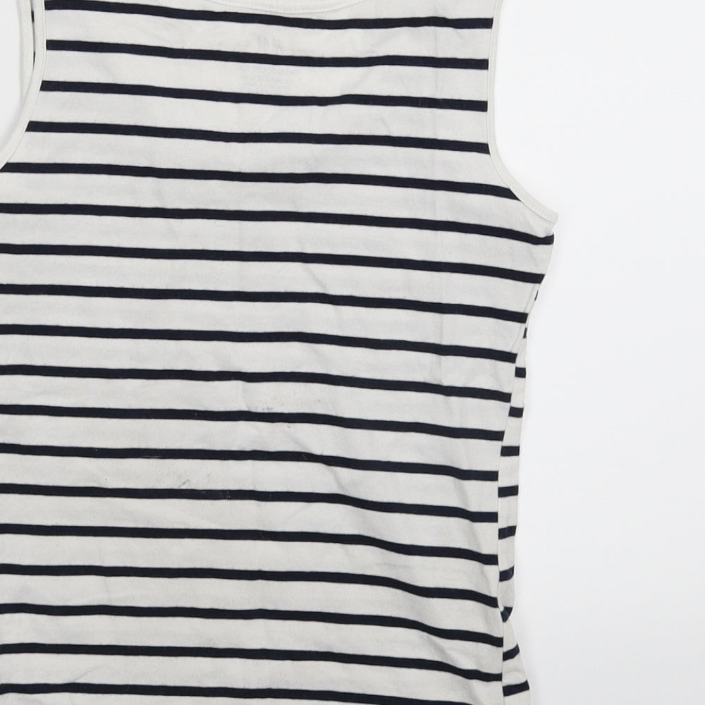 Brand and care label for H&M girls’ white striped basic tank, size 11-12, years