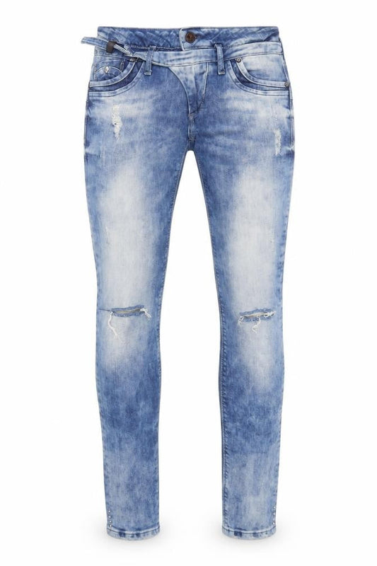 Front view of CBene men’s blue denim skinny jeans, size 29, in, 32-inch leg