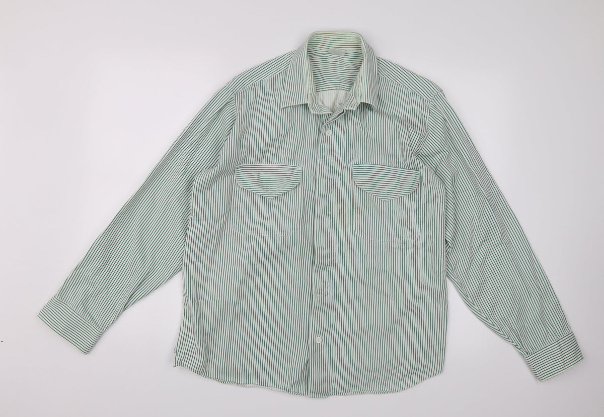 Additional front view of INL women’s green striped basic button-up, size UK 12