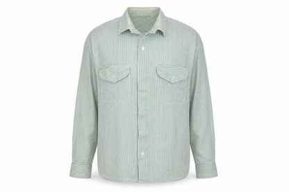 Front view of INL women’s green striped basic button-up, size UK 12