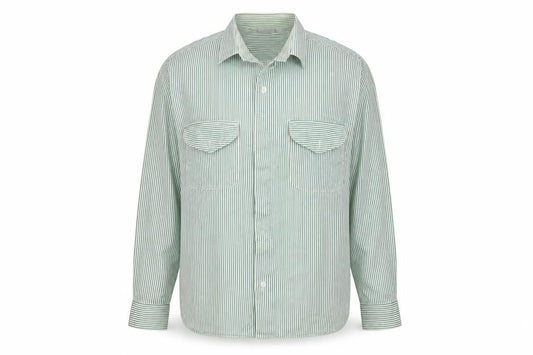Front view of INL women’s green striped basic button-up, size UK 12