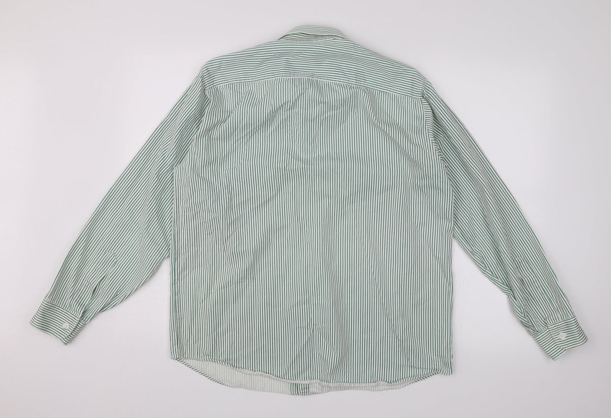 Back view of INL women’s green striped basic button-up, size UK 12