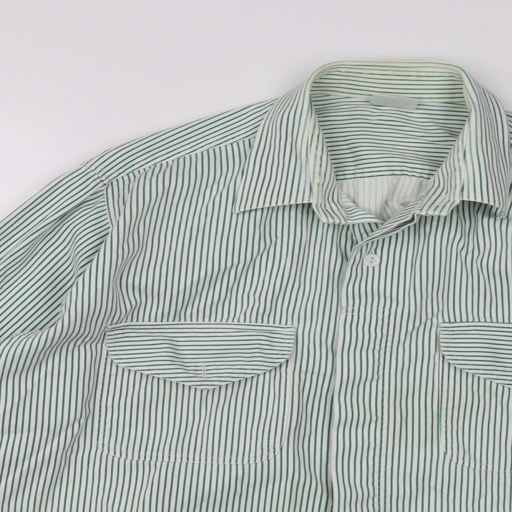 Close-up detail of INL women’s green striped basic button-up, size UK 12