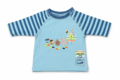 Front view of Cherokee Baby Blue Striped Jersey T-Shirt, size 0-3, Months - Garden bug trail