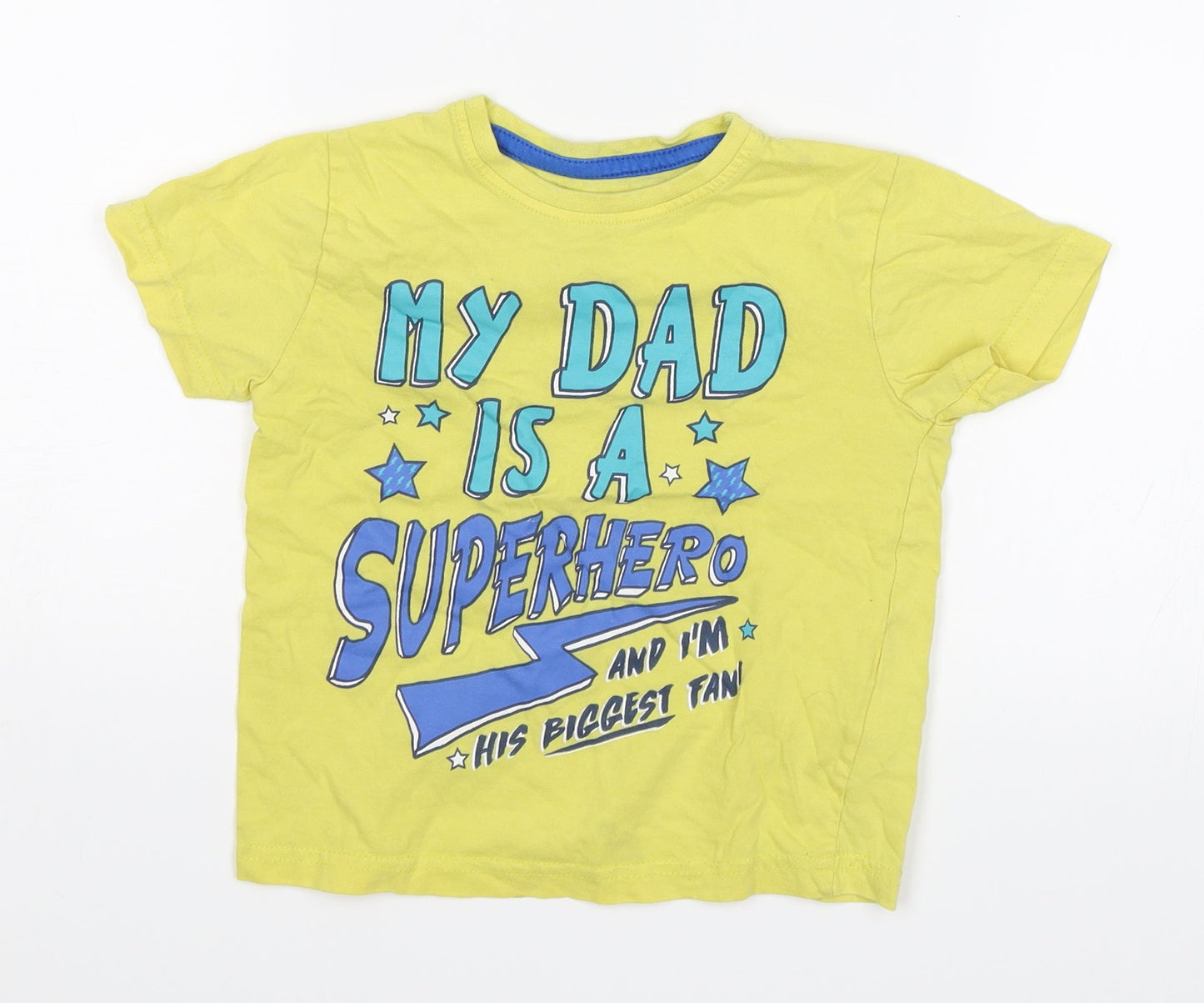 Primark Boys Yellow   Basic T-Shirt Size 2-3 Years  - My dad is a superhero