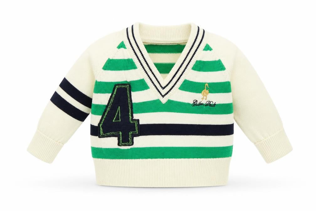Front view of mamas & papas Baby White Striped jumper, size 0-3, Months - Golden Duck