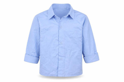 Front view of VivaKi boys’ blue basic button-up, size 3, years