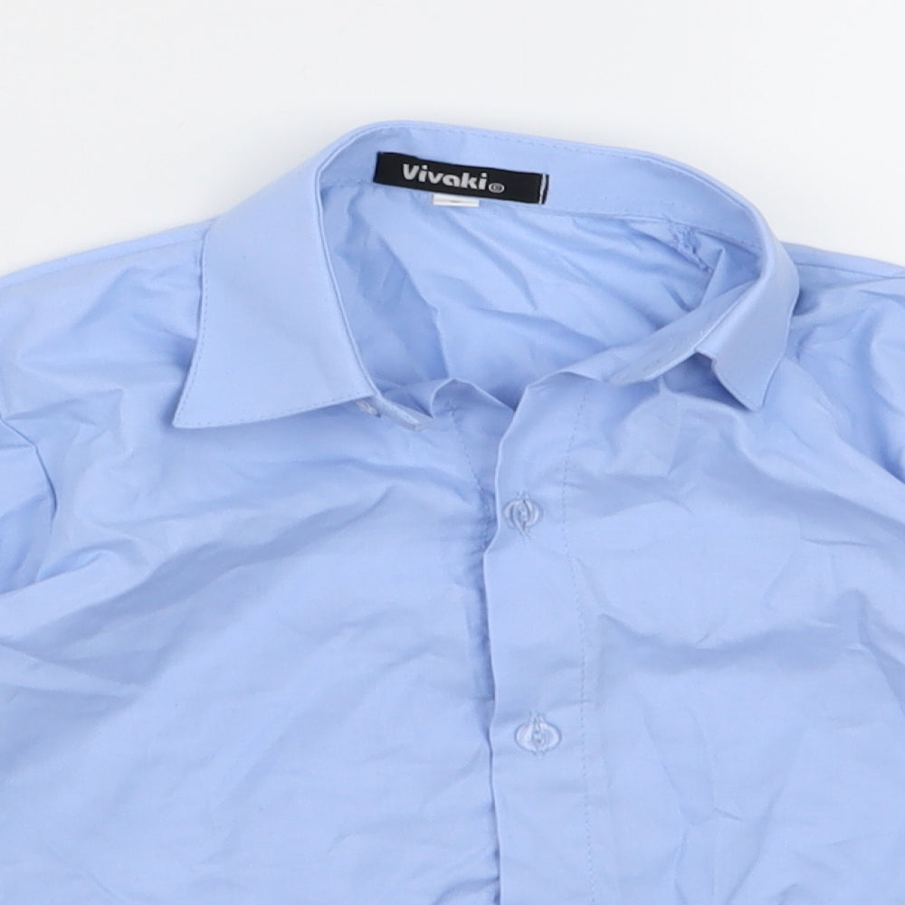 Close-up detail of VivaKi boys’ blue basic button-up, size 3, years