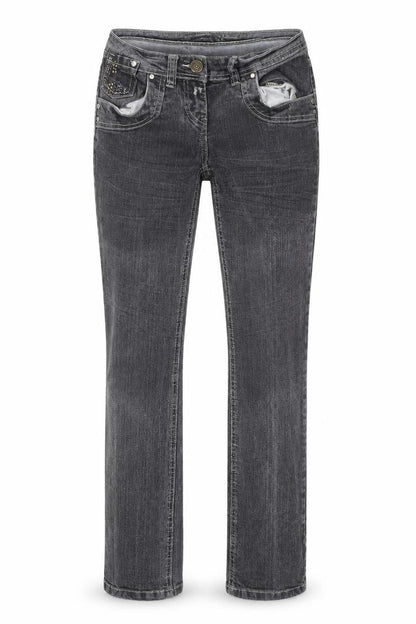 Front view of chickster women’s grey tapered jeans, size UK 8, 29-inch leg