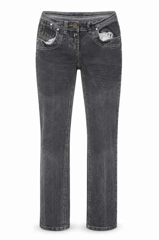Front view of chickster women’s grey tapered jeans, size UK 8, 29-inch leg