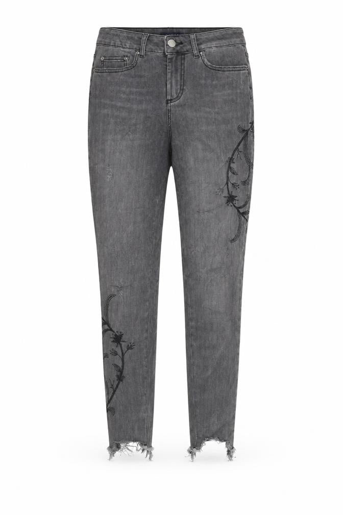 Front view of Pieces women’s black floral denim skinny jeans, size XS, 28-inch leg