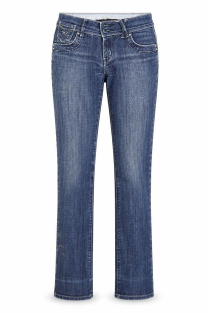 Front view of Quiz women’s blue denim straight jeans, size UK 8, 31-inch leg