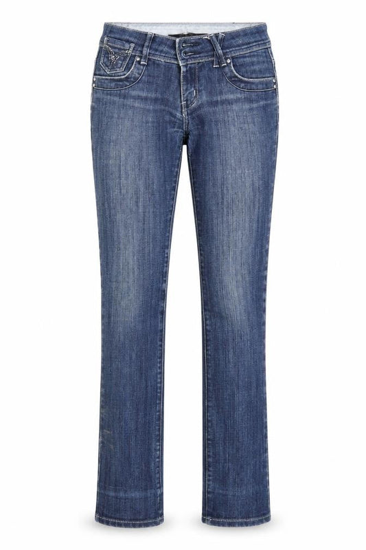 Front view of Quiz women’s blue denim straight jeans, size UK 8, 31-inch leg