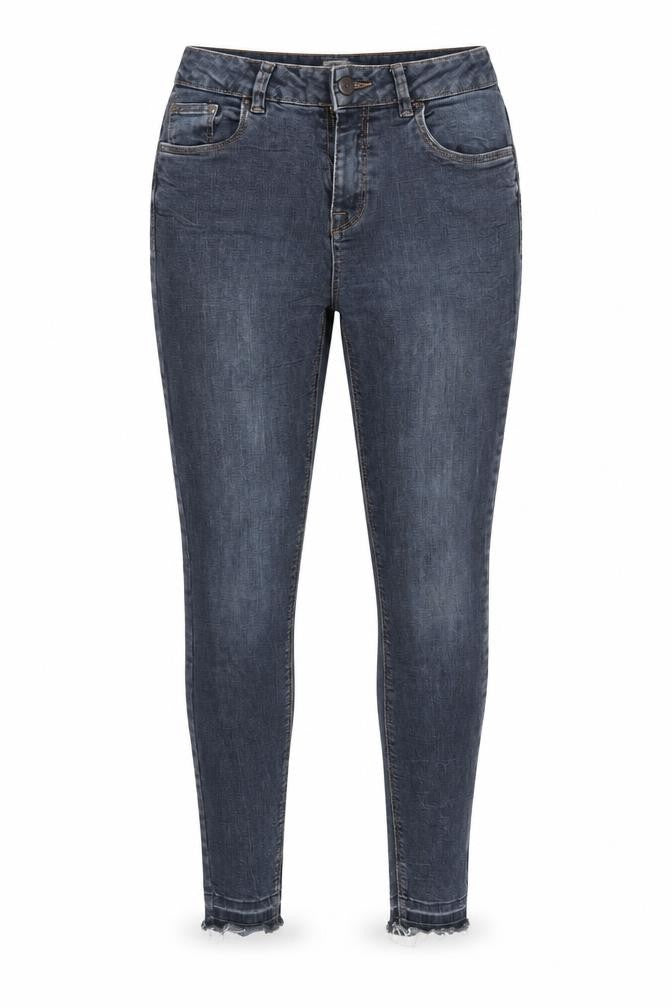 Front view of New Look women’s blue denim tapered jeans, size UK 10, 27-inch leg