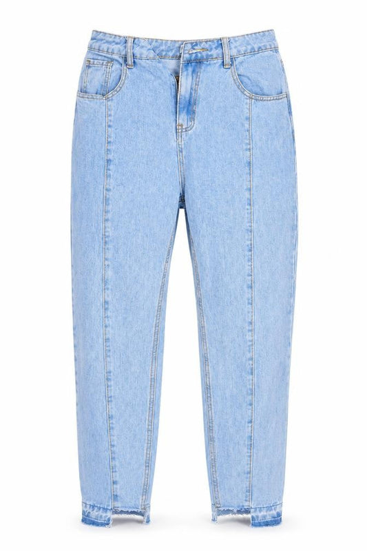 Front view of In the Style women’s blue denim straight jeans, size UK 10, 27-inch leg