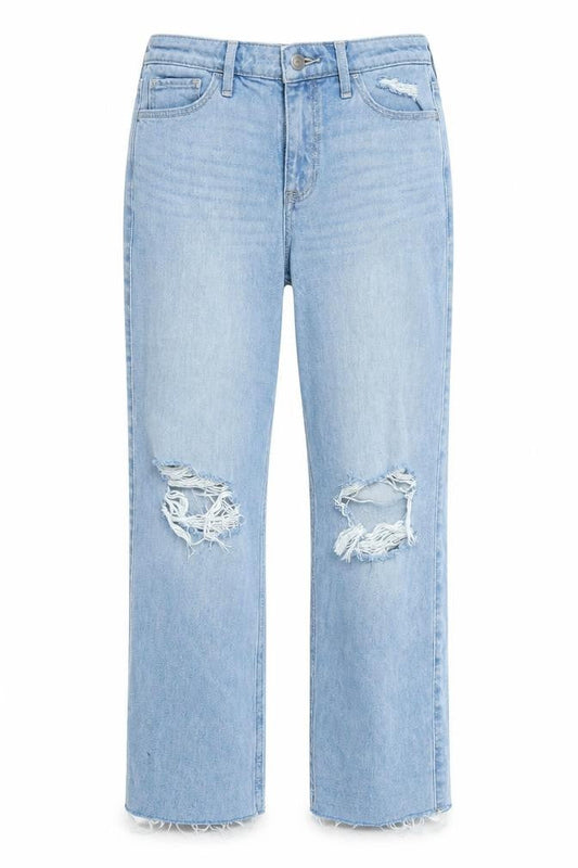 Front view of Hollister women’s blue denim straight jeans, size UK 26, in, 26-inch leg