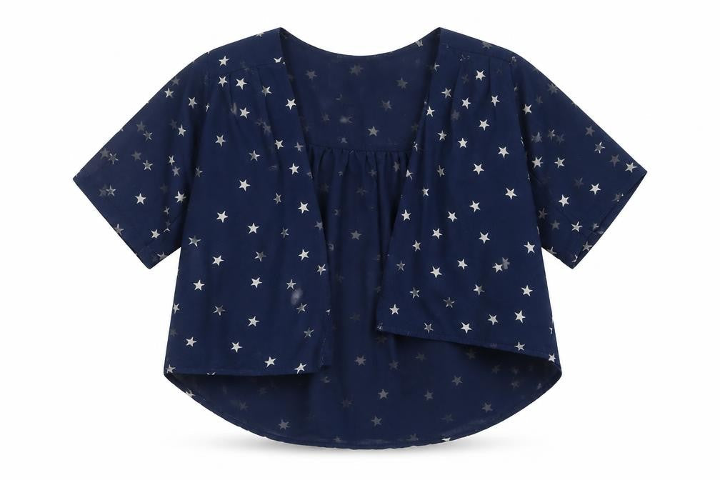 Front view of Next girls’ blue geometric mesh jacket, size 7, years - stars