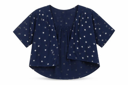 Front view of Next girls’ blue geometric mesh jacket, size 7, years - stars