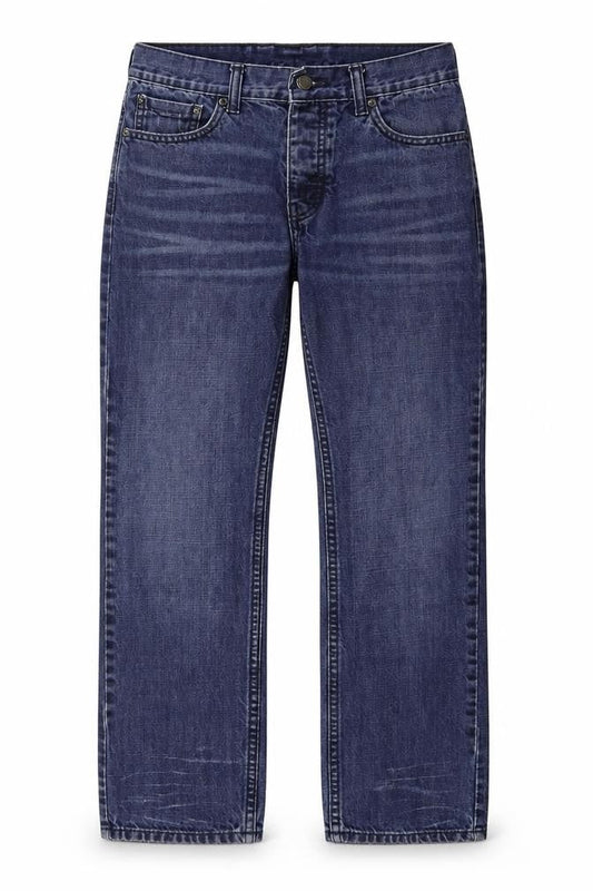 Front view of Burton women’s blue straight jeans, size UK 30, in, 30-inch leg