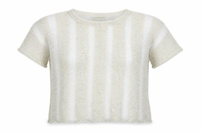 Front view of rosey burg women’s beige striped jumper, size S