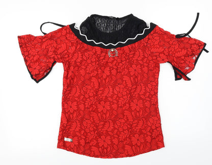 Additional front view of twisty women’s red floral basic t-shirt, size UK 12